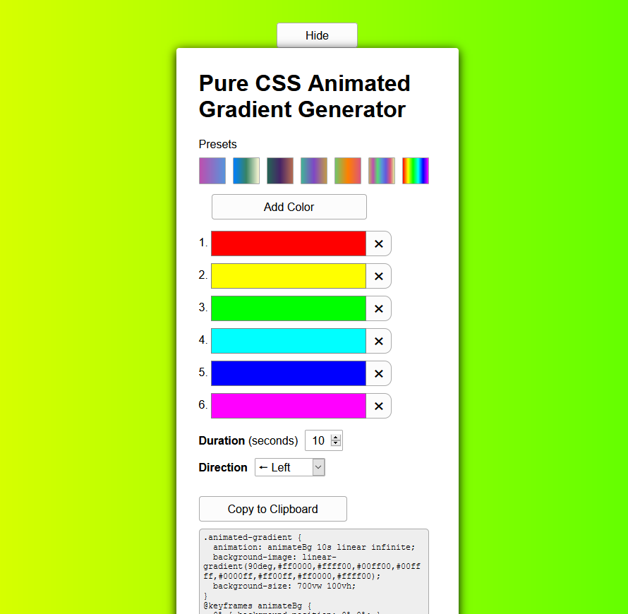 Project Thumbnail: A web tool to generate pure CSS for linearly animated gradients in HTML.